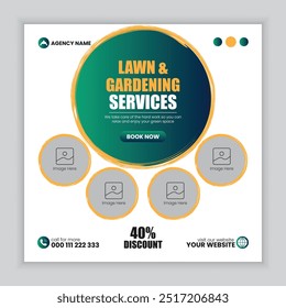 Lawn and gardening social media post design template, vector graphic design