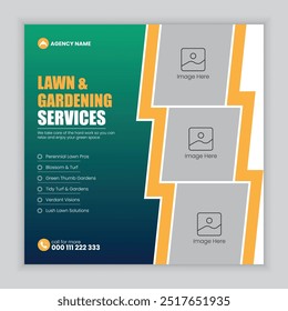 Lawn and gardening social media post design template, vector graphic design