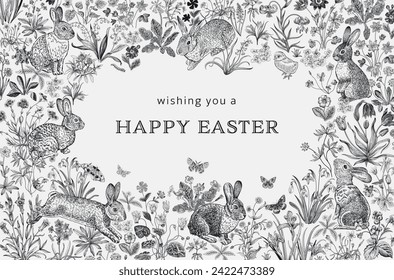 Lawn. Greeting Card. Vintage vector illustration. Happy easter. Black and white