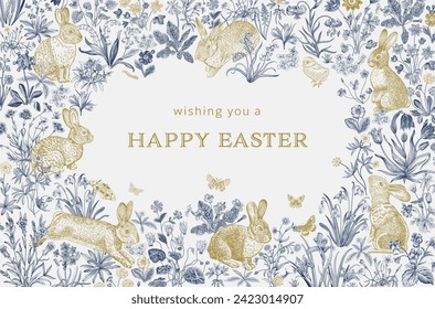 Lawn. Greeting Card. Vintage vector illustration. Happy easter. Blue and gold