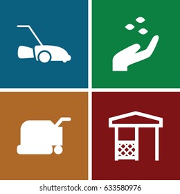 Lawn icons set. set of 4 lawn filled icons such as hand with seeds, lawn mower