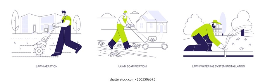 Lawn maintenance service abstract concept vector illustration set. Lawn aeration and scarification, watering system installation, meadow care, landscaping and gardening industry abstract metaphor.