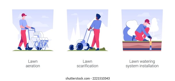 Lawn maintenance service isolated concept vector illustration set. Lawn aeration and scarification, watering system installation, meadow care, landscaping and gardening industry vector cartoon.