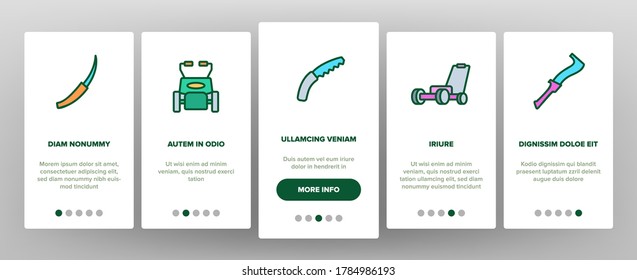 Lawn Mover Equipment Onboarding Mobile App Page Screen Vector. Garden Scissors And Electronic Device For Cutting, Lawn Mover And Manual Cutter Illustrations