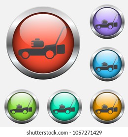 lawn mover vector icon on color glass buttons