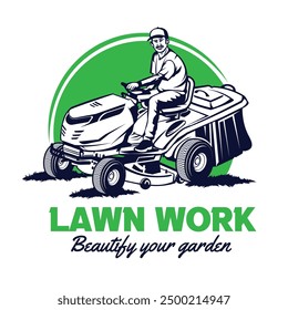 Lawn Mover worker vector illustration in retro style logo, perfect for Lawn Care company logo design and mascot