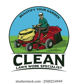 Lawn Mover worker vector illustration in retro style logo, perfect for Lawn Care company logo design and mascot