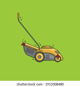 Rasenmäher mit Bug-Vektorgrafik. Gartendesign-Konzept