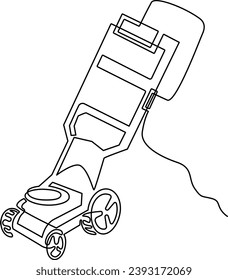 Lawn mower for lawn care. Continuous line drawing. Vector illustration.