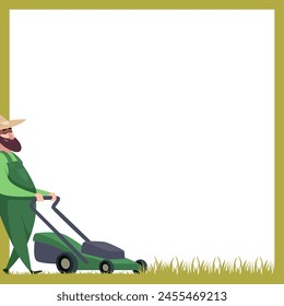 Lawn mower cartoon decorative frames with lawn mower worker