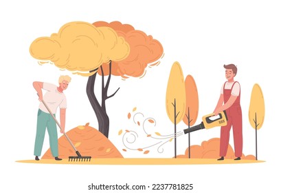 Lawn mower cartoon poster with male workers removing autumn leaves vector illustration