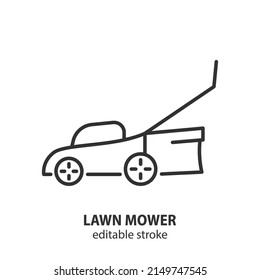 Lawn mower for cut grass line icon. Editable stroke.