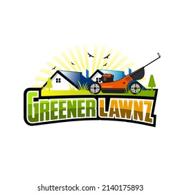 Lawn mower cuts the green grass in front of the house logo template. Illustration vector graphic of lawn care, landscape, grass concept logo emblem