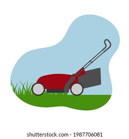 Lawn Mower Cutting Green Grass. Concept Of Gardening Service. Template For Lawn Mowing Service. Flat Vector Isolated Illustration