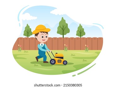 Lawn Mower Cutting Green Grass, Trimming and Care on Page or Garden in Flat Cute Cartoon Illustration