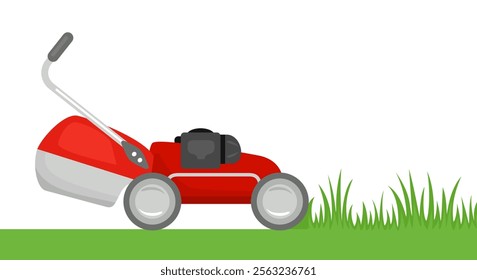 Lawn mower cutting green grass. Vector cartoon flat illustration.