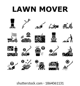 Lawn Mower Equipment Collection Icons Set Vector. Electrical, Gasoline And Smart Automatical Lawn Mower Garden Machine For Cutting Grass Glyph Pictograms Black Illustrations