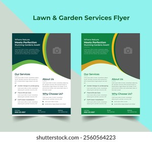 Lawn Mower Garden flyer design. Business Flyer poster pamphlet brochure cover design layout background, A4 size leaflet, grass, equipment, gardener agriculture cutting clean tractor green grass plant