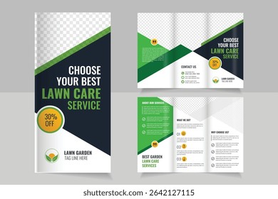 Lawn Mower Garden or Landscaping Agricultural service Design, Lawn Care Trifold Brochure Template, Gardening or Landscaper Tri Fold Brochure Design