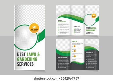 Lawn Mower Garden or Landscaping Agricultural service Design, trifold brochure design template,  Modern Lawn Care Trifold Brochure Template, Gardening, Landscaper or Agro firming services