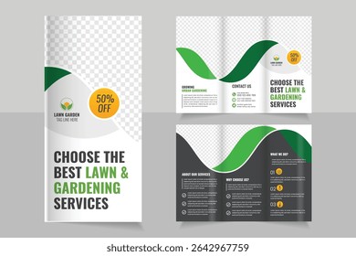 Lawn Mower Garden or Landscaping Agricultural service Design, trifold brochure design template,  Modern Lawn Care Trifold Brochure Template, Gardening, Landscaper or Agro firming services