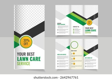 Lawn Mower Garden or Landscaping Agricultural service Design, Lawn Care Trifold Brochure Template, Gardening or Landscaper Tri Fold Brochure Design