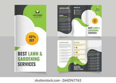 Lawn Mower Garden or Landscaping Agricultural service Design, trifold brochure design template,  Modern Lawn Care Trifold Brochure Template, Gardening, Landscaper or Agro firming services