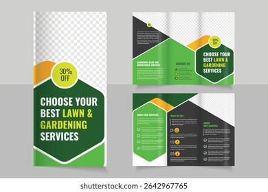 Lawn Mower Garden or Landscaping Agricultural service Design, trifold brochure design template,  Modern Lawn Care Trifold Brochure Template, Gardening, Landscaper or Agro firming services