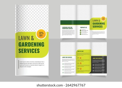 Lawn Mower Garden or Landscaping Agricultural service Design, trifold brochure design template,  Modern Lawn Care Trifold Brochure Template, Gardening, Landscaper or Agro firming services