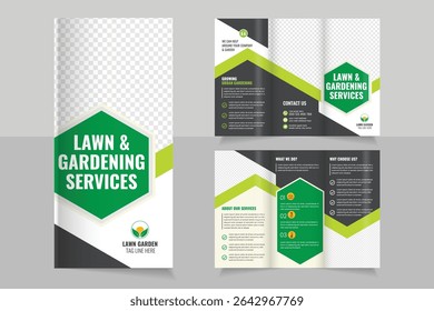 Lawn Mower Garden or Landscaping Agricultural service Design, trifold brochure design template,  Modern Lawn Care Trifold Brochure Template, Gardening, Landscaper or Agro firming services