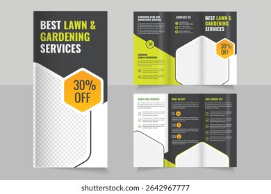 Lawn Mower Garden or Landscaping Agricultural service Design, trifold brochure design template,  Modern Lawn Care Trifold Brochure Template, Gardening, Landscaper or Agro firming services