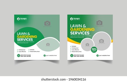 Lawn Mower Garden Or Landscaping Service Social Media Post And Web Ad Banner Template Design.