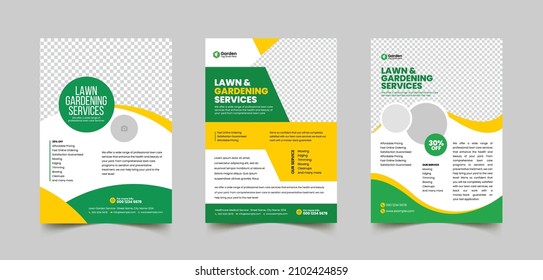 Lawn Mower Garden or Landscaping Service Flyer Template. Business Flyer poster pamphlet brochure cover design layout background, A4 size leaflet, grass, equipment, gardener