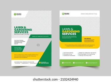 Lawn Mower Garden Or Landscaping Service Flyer Template. Business Flyer Poster Pamphlet Brochure Cover Design Layout Background, A4 Size Leaflet, Grass, Equipment, Gardener