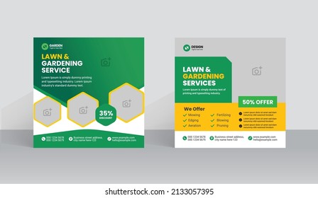 Lawn Mower Garden or Landscaping Service Social Media Post and Web Banner Template. Mowing poster design, leaflet. grass, equipment, gardener 