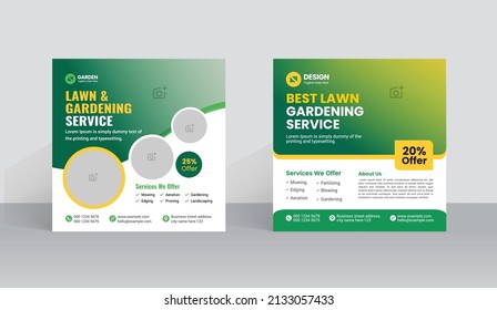 Lawn Mower Garden or Landscaping Service Social Media Post and Web Banner Template. Mowing poster design, leaflet. grass, equipment, gardener 