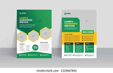 Lawn Mower Garden or Landscaping Service Flyer Template. Business Flyer poster pamphlet brochure cover design layout background, A4 size leaflet, grass, equipment, gardener