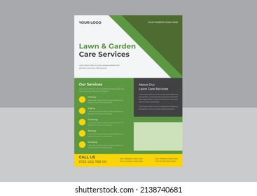 Lawn Mower Garden Or Landscaping Service Flyer Template, Business Flyer Poster Pamphlet Brochure Cover Design Layout Background, Tree And Gardening Service Poster Leaflet Design.