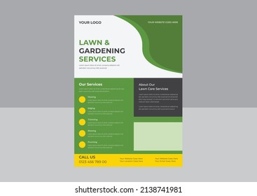 Lawn Mower Garden or Landscaping Service Flyer Template, Business Flyer poster pamphlet brochure cover design layout background, Tree and gardening service poster leaflet design.