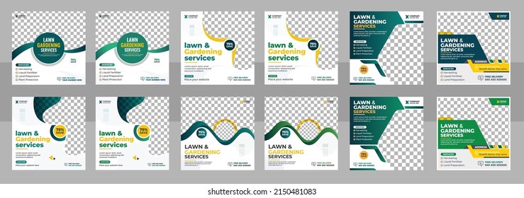 Lawn Mower Garden or Landscaping Service Social Media Post and Web Banner Template design. Lawn mower Promotion Social Media Post Banner Design Template set. Agro Social Media Ads Banner set design