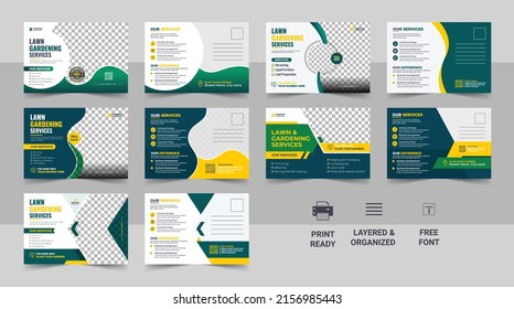 Lawn Mower Garden or Landscaping Service Postcard Template. Eddm Postcard Design, Event Card Design, Direct Mail Template, Invitation Design. leaflet, grass, equipment, gardener. Agro Postcard vector