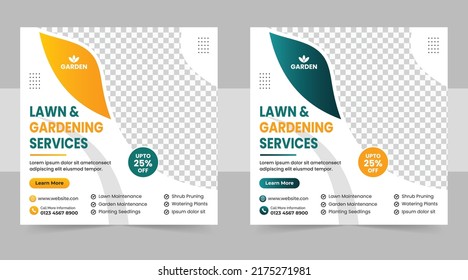 Lawn Mower Garden or Landscaping Service Social Media Post banner bundle with green background and Web Banner Template. Mowing poster, leaflet, poster design. grass, agriculture equipment