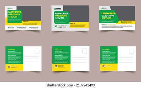 Lawn Mower Garden or Landscaping Service Postcard Template. Eddm Postcard Design, Event Card Design, Direct Mail Template, Invitation Design. leaflet, grass, equipment, gardener