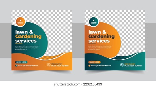 Lawn Mower Garden or Landscaping Service Social Media Post and Web Banner Template. Lawn mower Promotion Social Media Post Banner Design Template set. Mowing Service Social Media Ads Banner set