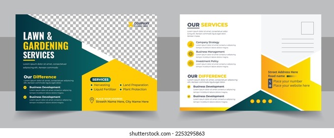 Lawn Mower Garden or Landscaping Service Postcard Template. Modern lawn mower garden or landscaping service postcard template. Postcard design, Direct Mail Template, Invitation Design