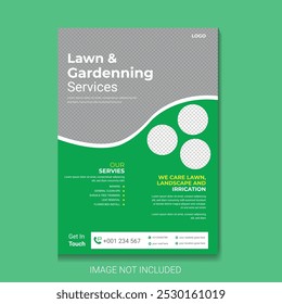 Lawn Mower Garden or Landscaping Service Flyer Template. Business Flyer poster pamphlet brochure cover design layout background, A4 size leaflet, grass, gardener