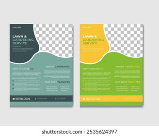 Lawn Mower Garden or Landscaping Service Flyer Template. Business Flyer poster pamphlet brochure cover design layout background, A4 size leaflet, grass, equipment, gardener