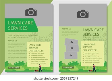 Lawn Mower Garden or Landscaping Service Flyer Template. Business Flyer poster pamphlet brochure cover design layout background, A4 size leaflet, grass, equipment, gardener