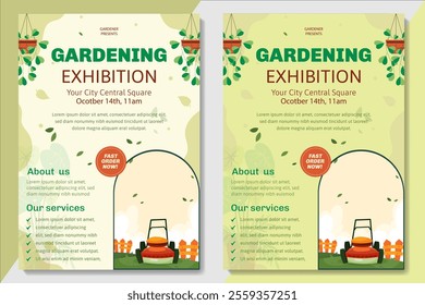 Lawn Mower Garden or Landscaping Service Flyer Template. Business Flyer poster pamphlet brochure cover design layout background, A4 size leaflet, grass, equipment, gardener