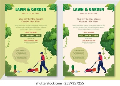 Lawn Mower Garden or Landscaping Service Flyer Template. Business Flyer poster pamphlet brochure cover design layout background, A4 size leaflet, grass, equipment, gardener